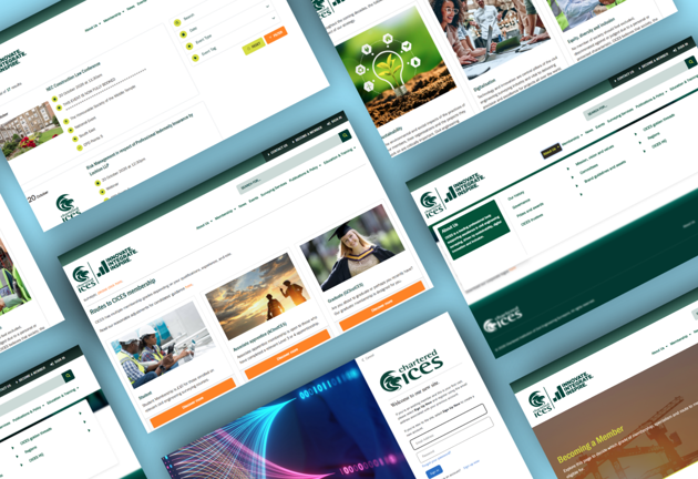 Chartered ICES rectangular web pages floating above a plain blue background