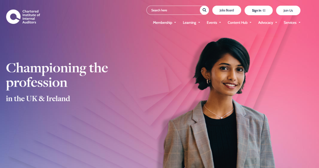 Chartered IIA's website homepage showing a pink and blue blurred background with an auditor shadowed in front with the Headline, "Championing the profession in the UK and Ireland."